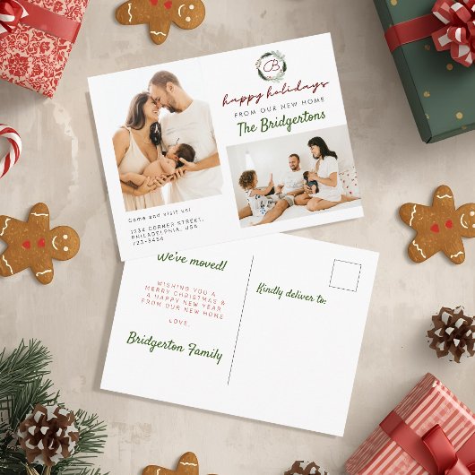 ニューホームクリスマスリース2つのフォトファミリームービング 案内ポストカード