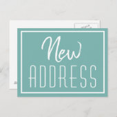 ニューホームシックティール(緑がかった色)タイポグラフィ引っ越しアナウンス 案内ポストカード (正面/裏面)