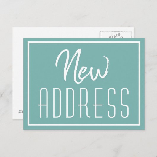 ニューホームシックティール(緑がかった色)タイポグラフィ引っ越しアナウンス 案内ポストカード (正面/裏面)