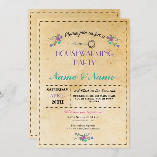 ニューホームスイーツ引っ越し祝いパーティーフローラ鍵カワイイ招待状 招待状 (正面/裏面)