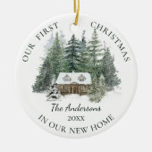 ニューホームファミリーフォトパイン素朴キャビンクリスマス セラミックオーナメント (正面)