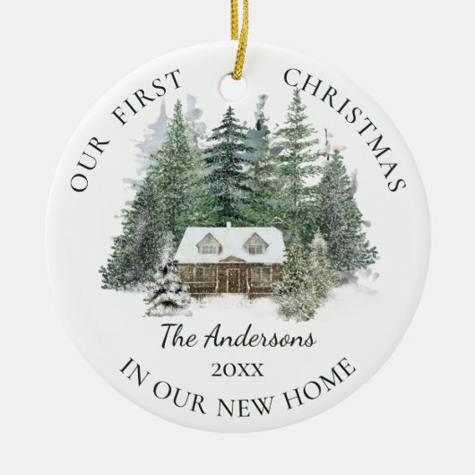 ニューホームファミリーフォトパイン素朴キャビンクリスマス セラミックオーナメント (正面)