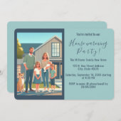 ニューホームファミリーフォトブルー引っ越し祝いパーティー招待状 案内状 (正面/裏面)