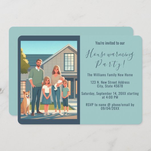ニューホームファミリーフォトブルー引っ越し祝いパーティー招待状 案内状 (正面/裏面)