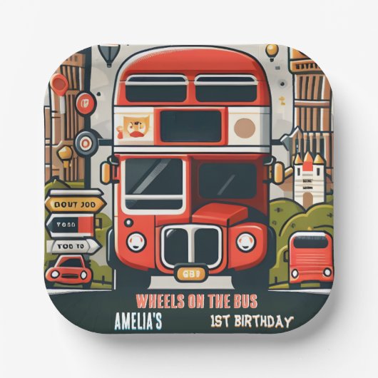 ニューボーイかわいい女の子ツアーシティパーティーバス1st誕生日 ペーパープレート (正面)