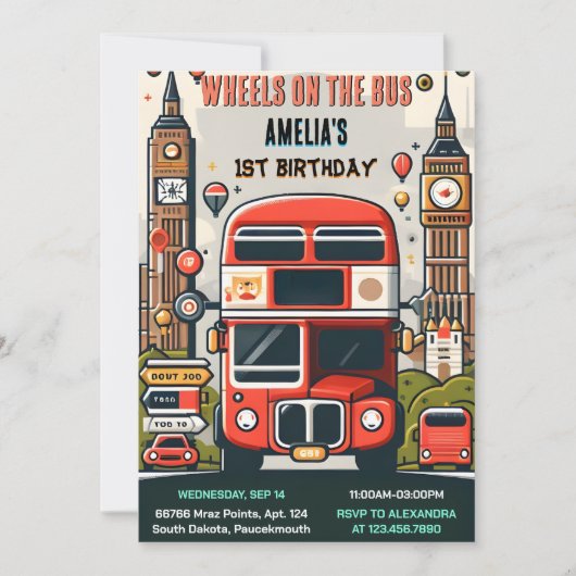 ニューボーイかわいい女の子ツアーシティパーティーバス1st誕生日 招待状 (正面)