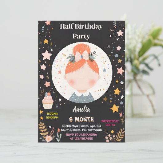 ニューボーイガール6ヶ月半年パーティー半年誕生日 招待状 (スタンド正面)