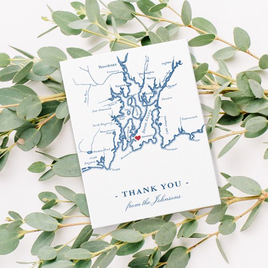 ニューポートロードアイランドのマップとハートネイビー結婚ズ サンキューカード
