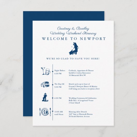 ニューポートRIの結婚式の週末の旅程のタイムライン エンクロージャーカード (正面/裏面)
