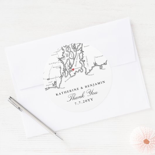 ニューポートRIマップ白黒結婚式の引き出物 ラウンドシール (封筒)