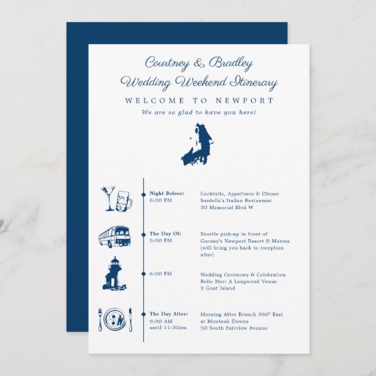 ニューポートRI結婚式週末の予定タイムライン 招待状 (正面/裏面)