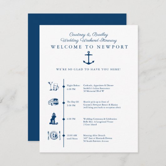 ニューポートRI結婚式週末の予定表のタイムライン同封 エンクロージャーカード (正面/裏面)