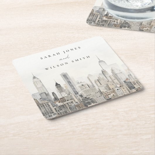 ニューミニマルヨークシティスカイラインウォーター結婚カラー スクエアペーパーコースター (アングル)