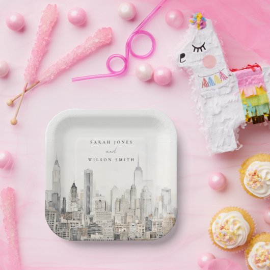 ニューミニマルヨークシティスカイラインウォーター結婚カラー ペーパープレート (パーティー)