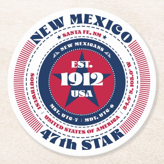 ニューメキシコ赤白青タイポグラフィ ラウンドペーパーコースター (正面)
