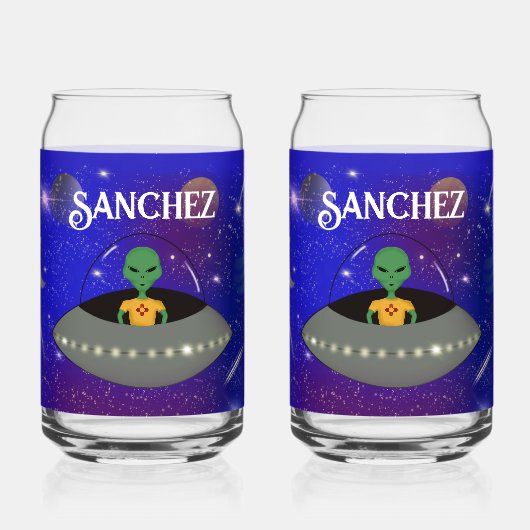 ニューメキシコTシャツを着た宇宙船のエイリアン ガラス缶 (正面)