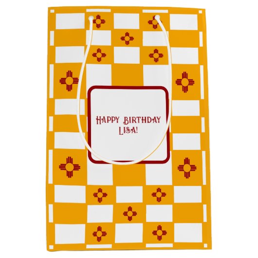 ニューメキシコZiaイエローレッドホワイトスクウェア ミディアムペーパーバッグ (正面)