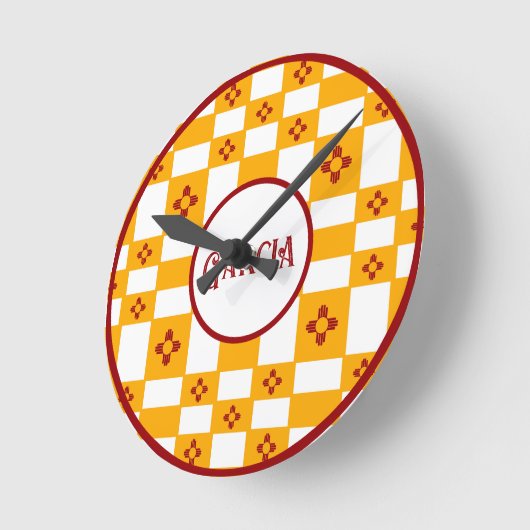 ニューメキシコZiaイエローレッドホワイトスクウェア ラウンド壁時計 (傾斜)