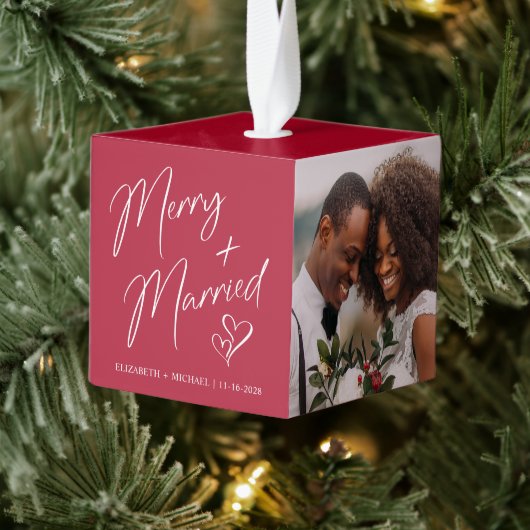 ニューメリーリ結婚したウェッド3枚フォトレッド キューブオーナメント (ツリー)