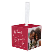 ニューメリーリ結婚したウェッド3枚フォトレッド キューブオーナメント (正面アングル)