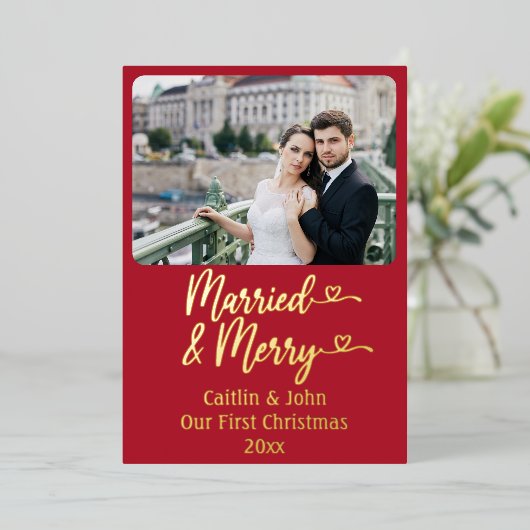 ニューメリー結婚したリウカスタムェッド初めてのクリスマス 箔シーズンカード (立ち正面)