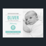 ニューモダンス造幣局ベビー誕生写真発表 案内状<br><div class="desc">カスタマイズ本スタイリッシュモダン写真カスタムベビー生誕デザイン発表自分の情報と小さなお気に入りのベビーの写真を挿入する。クリーンで新鮮で軽いデザインと白の多くのミントブルーとグレーの文字を組み合わせた。ニュートラル、ベビーガールや男の赤ちゃんの垂直方向のイメージに最適。*テンプレート写真クレジット： © Eric Fleming</div>