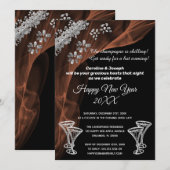 ニューヨルを祝う ブラック&シルバーのシャンパングラス 招待状 (正面/裏面)