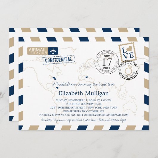 ニューヨークとニュージャージーの航空便 | ブライダルシャワー 招待状 (正面/裏面)