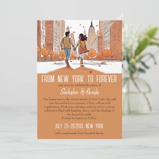ニューヨークのインディアンカップルユニークは日付を保存する 招待状 (スタンド正面)