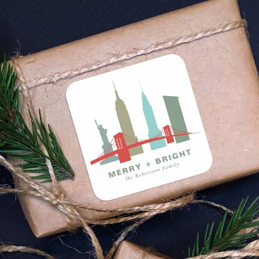 ニューヨークのクリスマス、建築スカイラインギフト スクエアシール