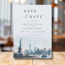 ニューヨークのスカイラインと自由の女神の結婚式のSave the Date