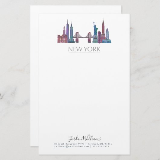 ニューヨークのスカイラインによって着色される建物 便箋 (正面/裏面)
