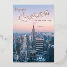 ニューヨークのスカイラインの家族の写真からメリークリスマス 箔シーズンカード