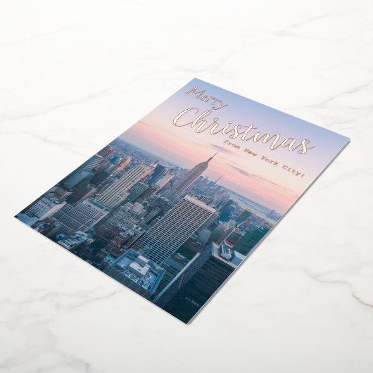 ニューヨークのスカイラインの家族の写真からメリークリスマス 箔シーズンカード (回転した状態)
