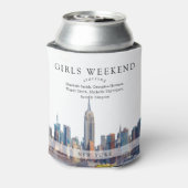 ニューヨークのスカイラインを描いたウォーターカラーのガールズウィークエンド 缶クーラー (缶裏面)