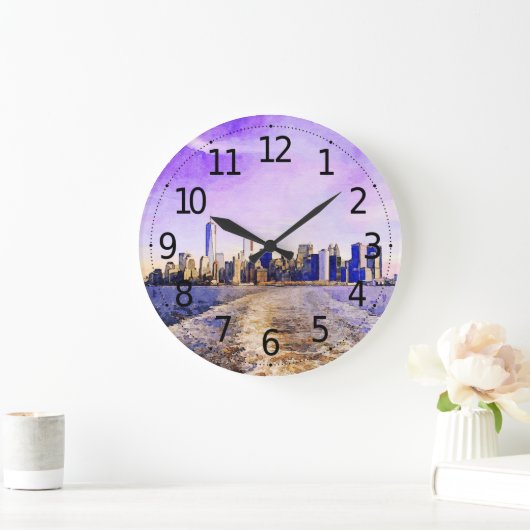 ニューヨークのデジタル水彩風景 ラージ壁時計 (ホーム)