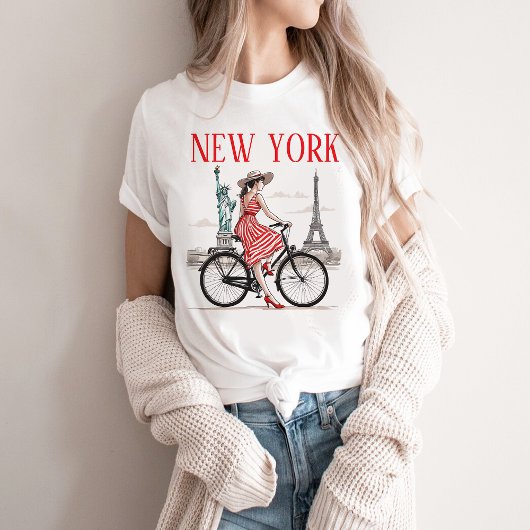 ニューヨークの女性用Tシャツ、自転車、エッフェル塔 Tシャツ