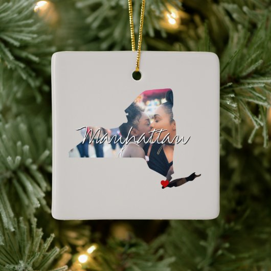 ニューヨークの州写真の挿入と町の名前 セラミックオーナメント (ツリー)