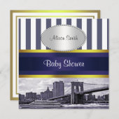 ニューヨークの空とブルックリンの橋　青と白のベイビーシャワー 招待状 (正面/裏面)