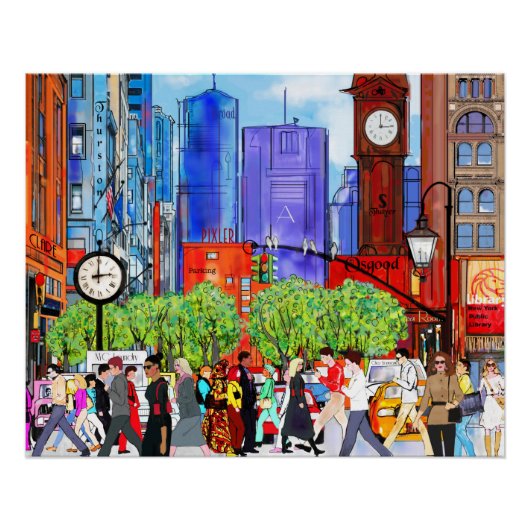 ニューヨークの街の風景アート 人々が通りを渡る ポスター (正面)