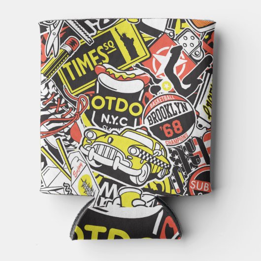 ニューヨークの都市:ステッカーのパッチワーク。 缶クーラー (正面)