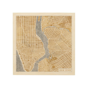 ニューヨークの金めっきされた都市地図 ウッドウォールアート