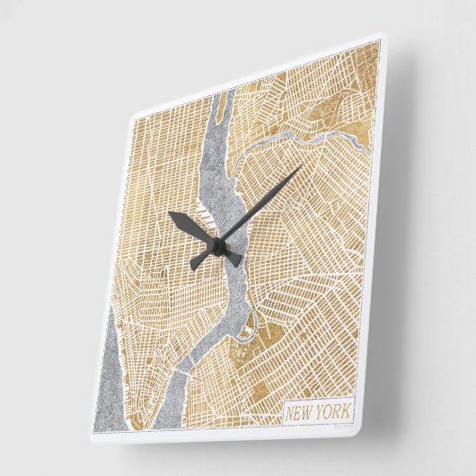 ニューヨークの金めっきされた都市地図 スクエア壁時計 (傾斜)