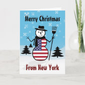 ニューヨークの雪だるま米国の旗からのメリークリスマス シーズンカード (正面)