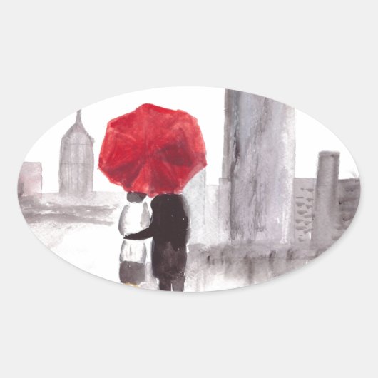 ニューヨークは赤い傘を持ったカップルを愛する 楕円形シール (正面)