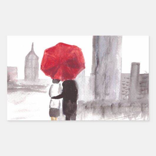 ニューヨークは赤い傘を持ったカップルを愛する 長方形シール (正面)