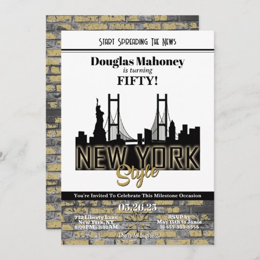 ニューヨークをテーマにした誕生日パーティーへの招待状です。 招待状 (正面/裏面)