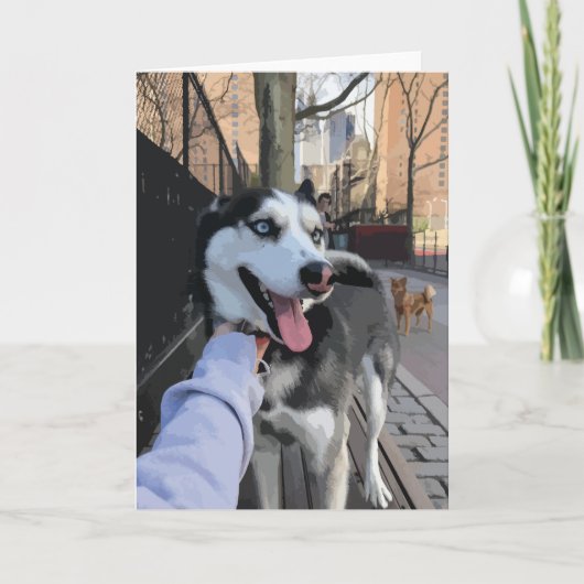 ニューヨークを舌で引き抜いた犬の公園でかわいいハスキー カード (正面)