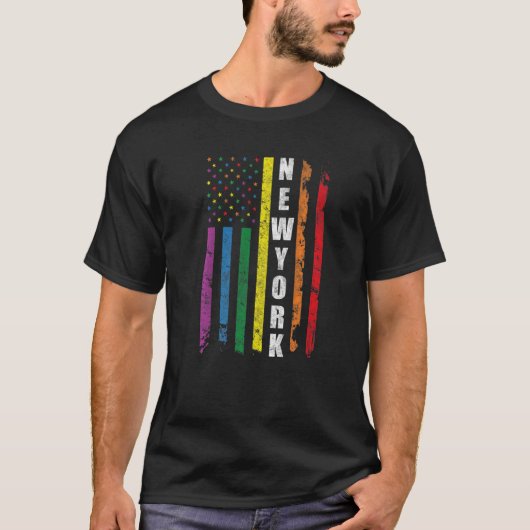 ニューヨークアメリカ国旗レインボーゲイLGBTプライドM Tシャツ (正面)