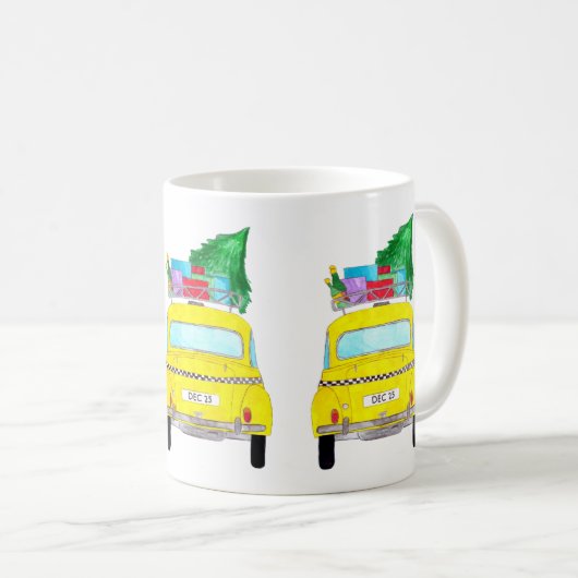 ニューヨークイエローキャブのタクシーのクリスマスプレゼント コーヒーマグカップ (正面右)